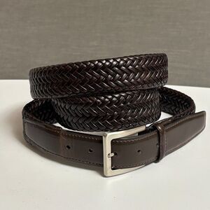 Leather Braided Belt Mens 54 Brown Silver Classic Preppy Casual Dress Big 54-58"